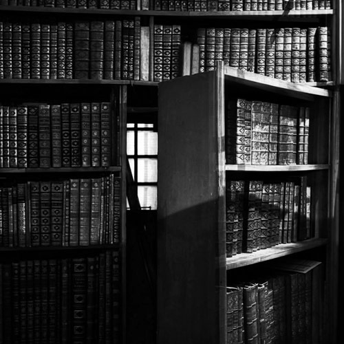 Image d'une porte dérobée derrière une bibliothèque